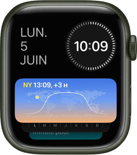 La pile Défilement intelligent sur l’Apple Watch montrant trois widgets : Le jour et la date en haut à gauche, l’horloge numérique en haut à droite et l’horloge mondiale au milieu.