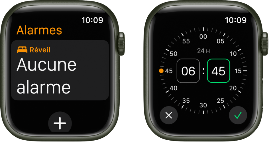 Deux cadrans montrant comment ajouter une alarme : il suffit de toucher « Ajouter une alarme », toucher les heures ou les minutes (et AM ou PM, le cas échéant), faire tourner la Digital Crown pour régler l’heure, puis toucher le bouton en forme de coche.