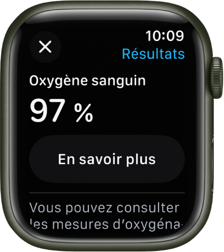 L’écran de résultats d’Oxygène sanguin affichant une saturation du sang en oxygène de 97 %. Un bouton En savoir plus figure en dessous.