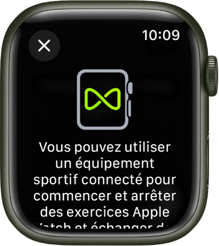 Un écran de jumelage s’affiche lorsque vous jumelez votre Apple Watch avec un équipement sportif.