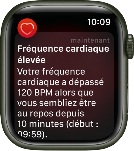 Une alerte Fréquence cardiaque, indiquant une fréquence cardiaque élevée.