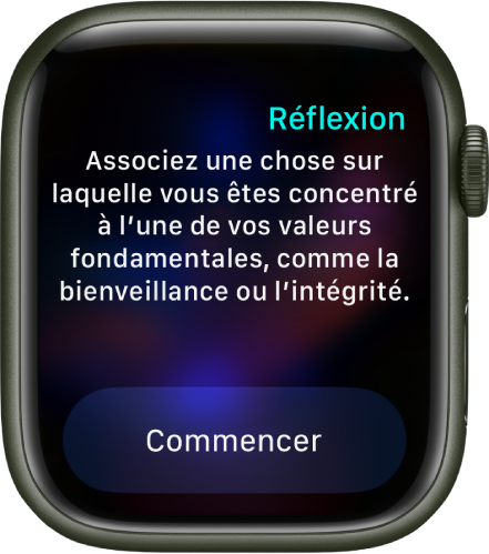 L'app Pleine conscience affiche une piste de réflexion : « Associez une chose sur laquelle vous êtes concentré à l’une de vos valeurs fondamentales, comme la bienveillance ou l’intégrité ». Un bouton Commencer se trouve en dessous.