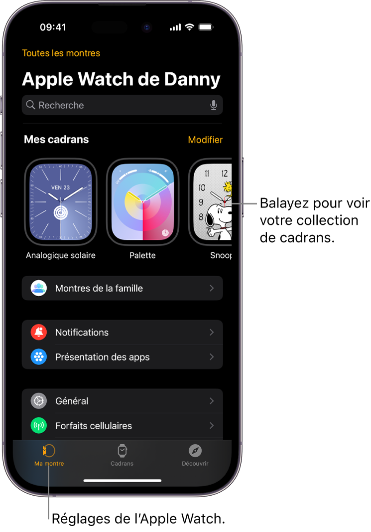 App Apple Watch sur l’iPhone ouverte à l’écran Ma montre, qui montre des cadrans en haut et des réglages en dessous. Le bas de l’écran de l’app Apple Watch présente trois onglets : l’onglet de gauche est « Ma montre », où vous pouvez ajuster les réglages de l’Apple Watch ; à côté se trouve Cadrans, où vous pouvez découvrir les cadrans et complications disponibles ; et enfin l’onglet Découvrir, où vous pouvez en apprendre davantage sur l’Apple Watch.