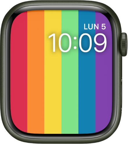 Cadran Pride numérique doté des bandes verticales aux couleurs de l’arc-en-ciel avec l’heure et la date en haut à droite.