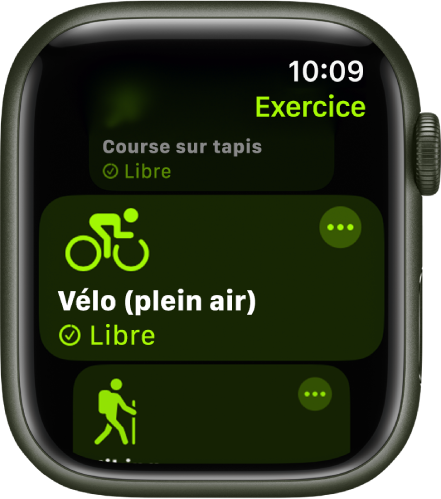L’écran Exercice avec l’exercice « Vélo (plein air) » mis en évidence. Un bouton Plus se trouve en haut à droite de la vignette d’exercice.