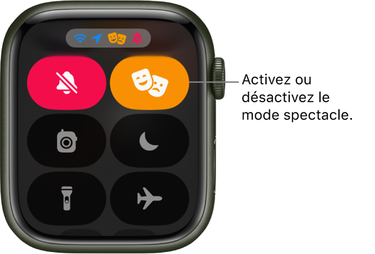 Le Centre de contrôle avec les boutons du mode Spectacle et du mode Silence en surbrillance pour indiquer que le mode Spectacle est activé.