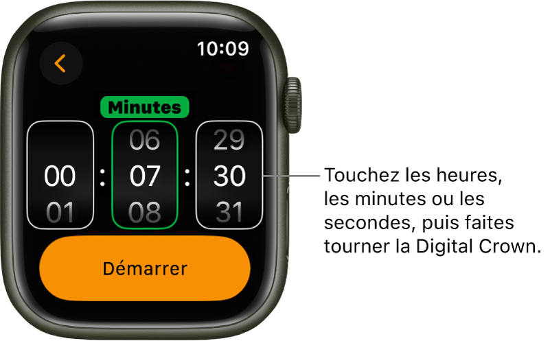 Réglages de création d’un minuteur personnalisé, avec les heures à gauche, les minutes au centre et les secondes à droite. Le bouton Démarrer se trouve en dessous.