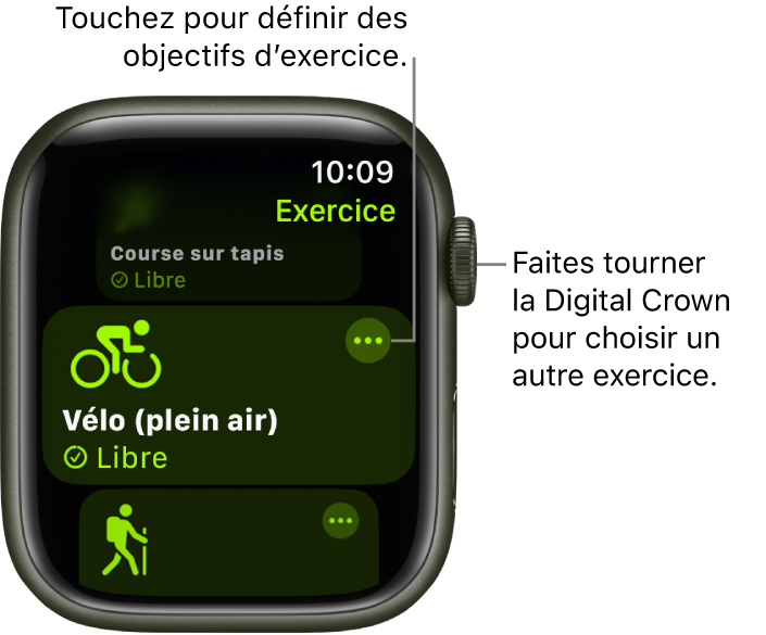 L’écran Exercice avec l’exercice « Vélo (plein air) » mis en évidence. Un bouton Plus se trouve en haut à droite de la vignette d’exercice.