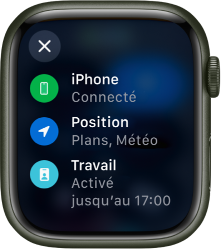 État du centre de contrôle indiquant que l’iPhone est connecté, que sa position est utilisée par Plans et Météo, et que le mode de concentration Travail est activé jusqu’à 17 heures.