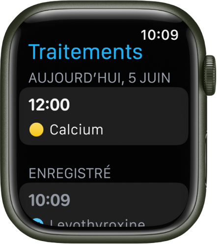 L’app Traitements montrant les traitements enregistrés.