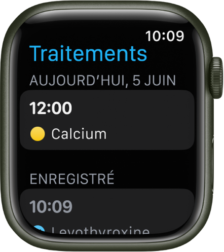 L’app Traitements montrant les traitements programmés et enregistrés.