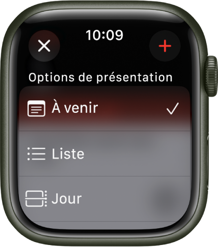 L’écran Calendrier présentant les options de présentation À venir, Liste et Jour. Le bouton Ajouter se trouve en haut à droite.