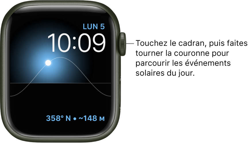 Le cadran Graphique solaire affichant le jour, la date et l’heure. Ces trois options ne peuvent pas être modifiées. Une complication Direction de boussole apparaît en bas à droite. Touchez le cadran, puis faites tourner la Digital Crown pour voir le crépuscule, l’aube, le soleil à son zénith ou se coucher, puis la nuit.