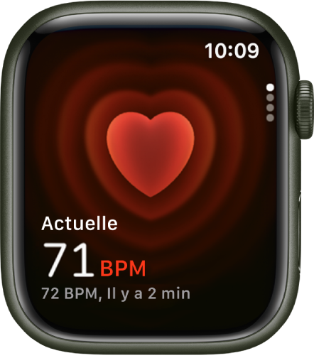 L’app Fréquence cardiaque, avec votre fréquence cardiaque actuelle affichée en bas à gauche et votre dernier relevé juste dessous en plus petit.