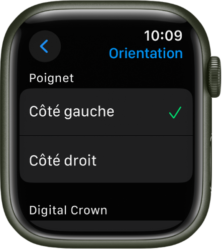 L’écran Orientation sur l’Apple Watch. Vous pouvez définir vos préférences pour le poignet et la Digital Crown.