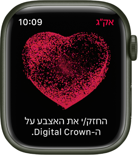 היישום אק״ג מציג תמונה של לב עם הכיתוב ״יש להניח את האצבע על ה-Digital Crown״.