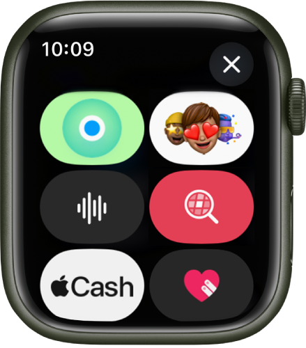 היישום ״הודעות״ מציג אפשרויות של הודעות, שכוללות את הכפתורים Memoji, ״מיקום״, GIF, ״שמע״, Digital Touch ו-Apple Cash.