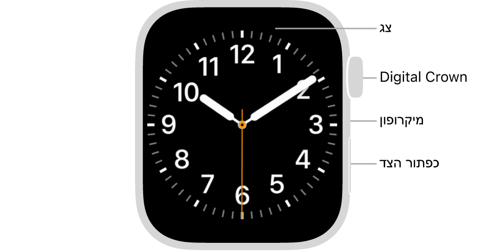 החזית של Apple Watch Series 9, כשעל הצג נראה עיצוב השעון, וה-Digital Crown, המיקרופון וכפתור הצד מלמעלה למטה בצדו של השעון.