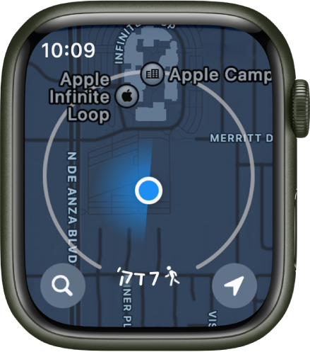 היישום ״מפות״ עם עיגול מסביב למיקום הנוכחי. העיגול מייצג רדיוס הליכה של 7 דקות. הכפתור ״מיקום״ נמצא בפינה השמאלית התחתונה והכפתור ״חיפוש״ נמצא בפינה הימנית התחתונה.