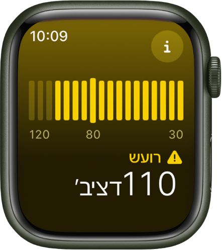 היישום ״רעש״ מציג רמת רעש סביבתי של 110 דציבלים, עם והמילה ״חזק״ מעל. מד רעש מופיע במרכז המסך.