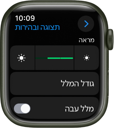 הגדרות ״תצוגה ובהירות״ ב-Apple Watch, עם המחוון ״בהירות״ בראש המסך והכפתור ״גודל מלל״ מתחת.