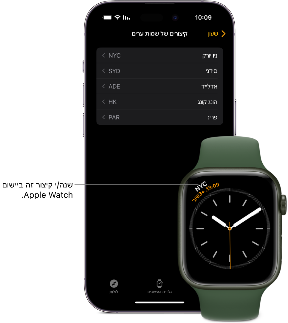 iPhone ו‑Apple Watch, זה לצד זה. מסך של Apple Watch עם תצוגת השעה בעיר ניו יורק, שמופיעה תחת הקיצור NYC. מסך ה‑iPhone מציג את רשימת הערים בהגדרות ״שעון״ ביישום Apple Watch.