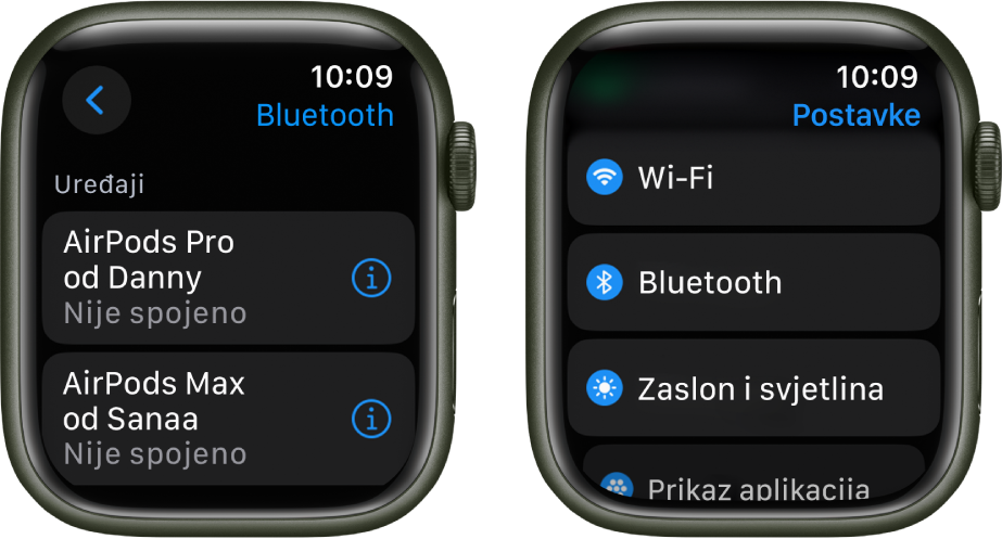 Dva zaslona jedan pored drugog. S lijeve strane nalazi se zaslon koji prikazuje dva dostupna Bluetooth uređaja: Slušalice AirPods Pro i AirPods Max; nijedne nisu spojene. S desne se strane nalazi zaslon Postavki s prikazom tipki Wi-Fi, Bluetooth, Zaslon i svjetlina, Prikaz aplikacija na popisu.