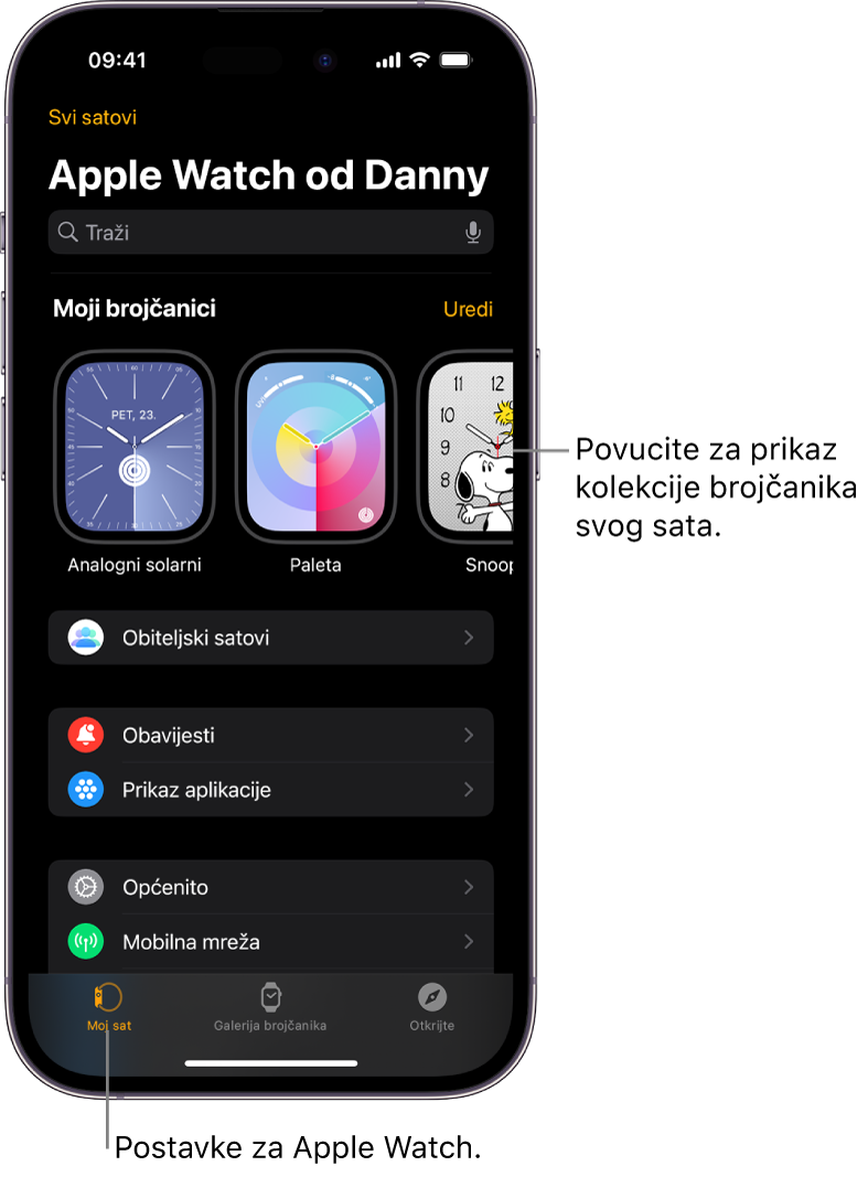 U aplikaciji Apple Watch na iPhoneu otvoren je zaslon Moj sat s prikazom brojčanika vašeg sata pri vrhu zaslona i postavkama pri dnu zaslona. Pri dnu zaslona aplikacije Apple Watch nalaze se tri kartice: lijeva kartica je Moj sat gdje se nalaze postavke za Apple Watch; sljedeća je Galerija brojčanika gdje možete pregledati dostupne brojčanike i dodatke; zatim Otkrij gdje možete saznati više o Apple Watchu.