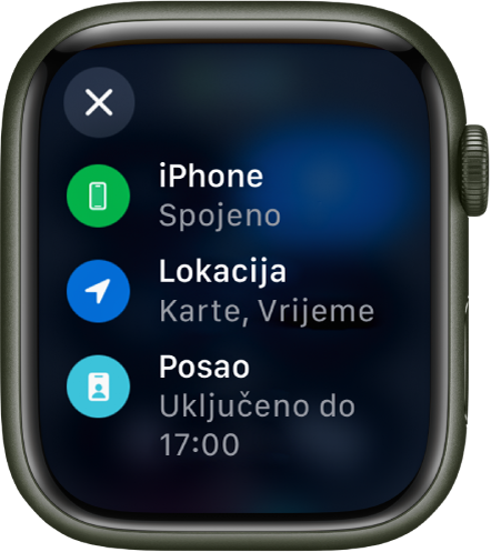 U statusu Kontrolnog centra prikazuje se da je iPhone spojen, aplikacije Karte i Vrijeme koriste lokaciju i fokus Posao je uključen do 17:00.