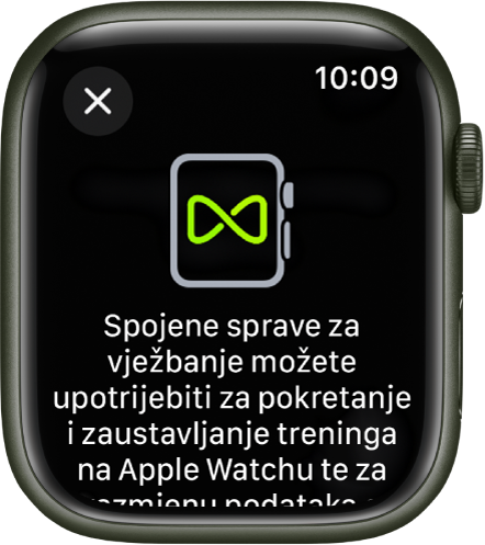 Zaslon uparivanja koji se prikazuje kada uparite Apple Watch sa spravama u teretani.
