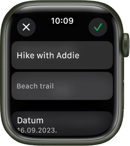 Zaslon uređivanja u aplikaciji Podsjetnici na Apple Watchu Naziv podsjetnika nalazi se pri vrhu s opisom ispod. Pri dnu je datum kada je podsjetnik zakazan za prikazivanje. Tipka Kvačica nalazi se u gornjem desnom kutu. Tipka Zatvori nalazi se u gornjem lijevom kutu.