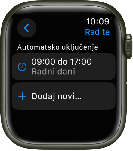 Zaslon Radnog fokusa s prikazom rasporeda od 9:00 do 17:00 na radne dane. Tipka Dodaj novi nalazi se ispod.