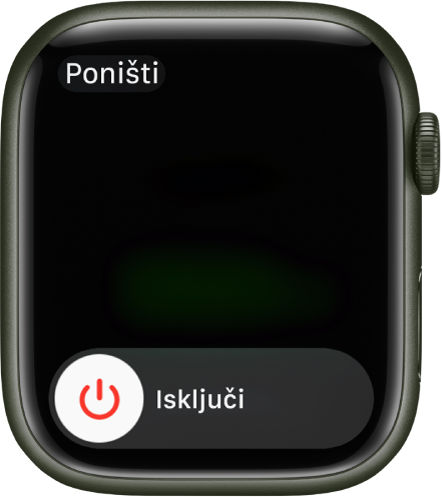 Zaslon Apple Watcha s prikazom kliznika za isključenje. Povucite kliznik kako biste isključili Apple Watch.