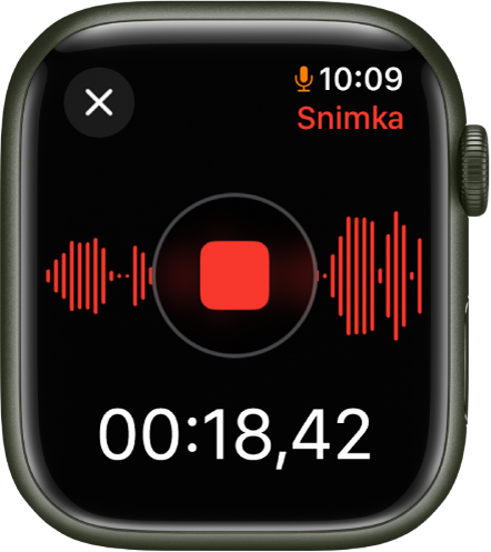Aplikacija Diktafon tijekom snimanja audio poruke. Crvena tipka Zaustavi prikazuje se u sredini. Ispod se nalazi proteklo vrijeme snimke. Riječ snimka nalazi se u gornjem desnom kutu.