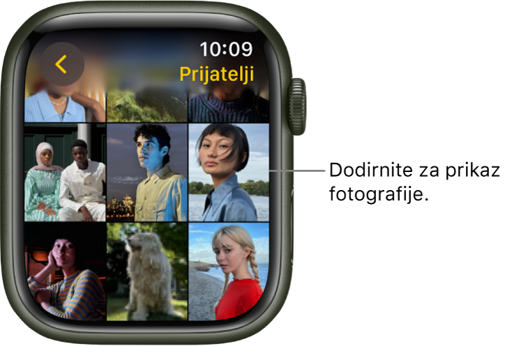 Glavni zaslon aplikacije Foto na Apple Watchu, s nekoliko fotografija prikazanih u rešetki.