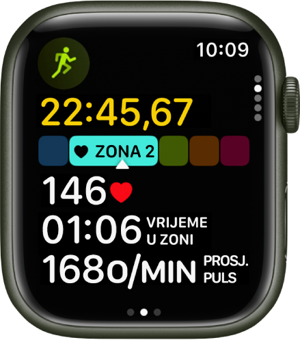 Prikazan je tijek treninga trčanja s proteklim vremenom treninga, zonom u kojoj se trenutačno nalazite, pulsom, vremenom u zoni i prosječnim pulsom.