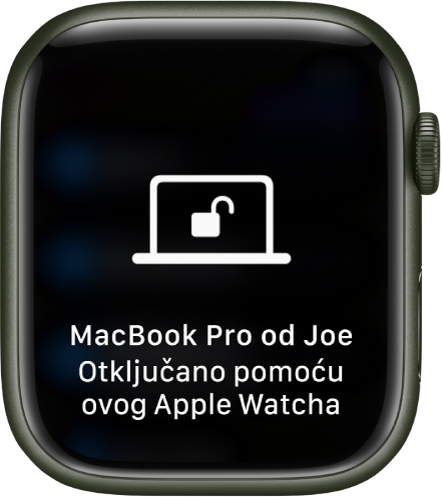 Apple Watch prikazuje poruku “Ovaj Apple Watch otključao je Joeov MacBook Pro”.