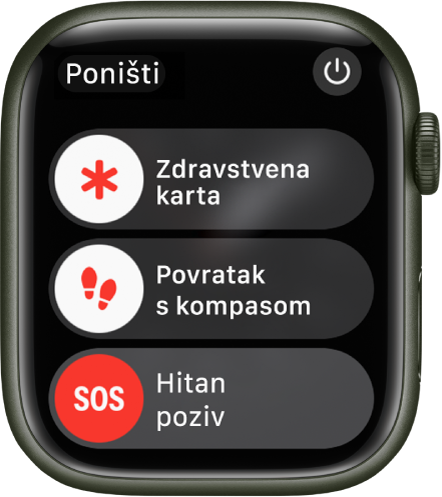 Zaslon Apple Watcha s prikazom tri kliznika: Zdravstvena karta, Povratak kompasa i Hitan poziv. Tipka napajanja nalazi se u gornjem desnom kutu.