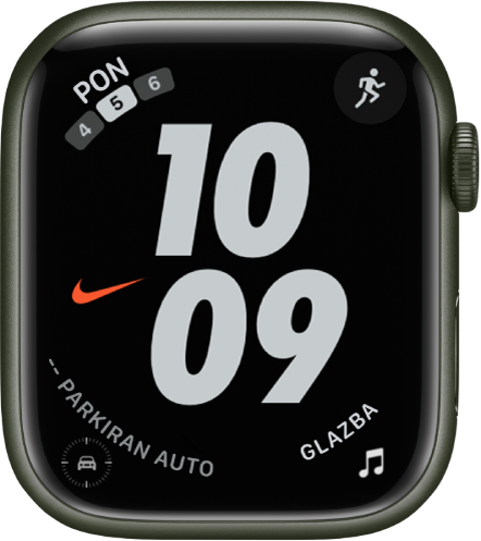 Brojčanik sata Nike s velikim brojevima prikazuje vrijeme po sredini. Prikazana su četiri dodatka: Kalendar je u gornjem lijevom, Trening u gornjem desnom kutu, Putna točka visina parkiranog automobila u donjem lijevom i Glazba u donjem desnom kutu.