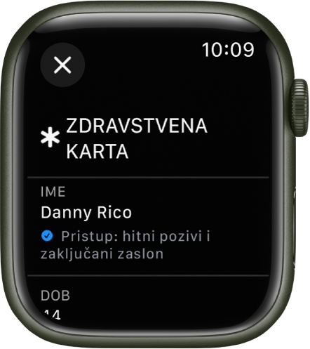 Zaslon Zdravstvene karte na Apple Watchu s prikazom korisnikova imena i dobi. Potvrdna kućica nalazi se ispod imena i ukazuje da se Zdravstvena karta dijeli na zaključanom zaslonu. Tipka Zatvori nalazi se u gornjem lijevom kutu.