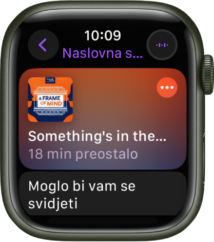 U aplikaciji Podcasti na Apple Watchu prikazuje se zaslon Početna stranica i omot podcasta. Dodirnite omot za reprodukciju epizode.