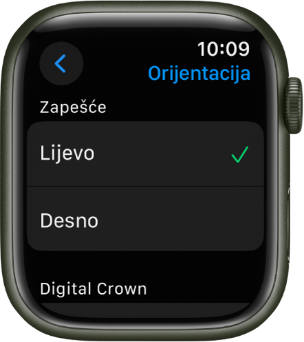Zaslon Orijentacija na Apple Watchu. Možete podesiti postavke za zapešće i Digital Crown.