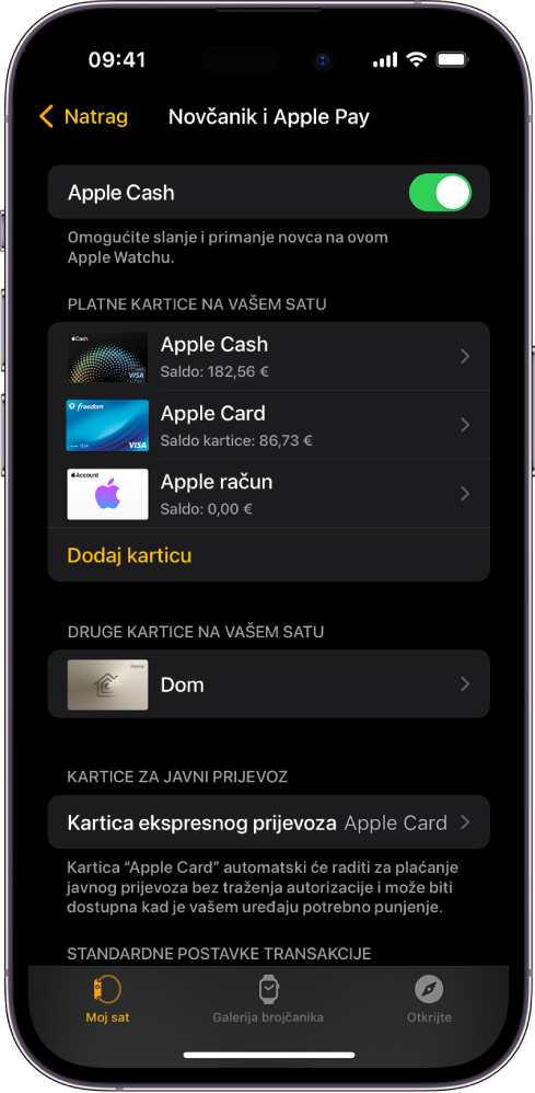 Zaslon Novčanik i Apple Pay u aplikaciji Apple Watch na iPhoneu. Na zaslonu su prikazane kartice dodane na Apple Watch i kartica koju ste odabrali za ekspresni javni prijevoz.