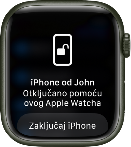 Apple Watch prikazuje poruku “Ovaj Apple Watch otključao je Johnov iPhone.” Ispod se nalazi tipka Zaključaj iPhone.