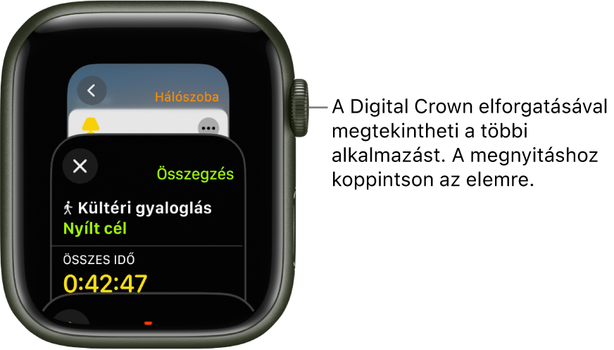 Az Appváltó az Edzés appal. További appok megjelenítéséhez forgassa el a Digital Crownt. Koppintson az egyikre a megnyitásához.