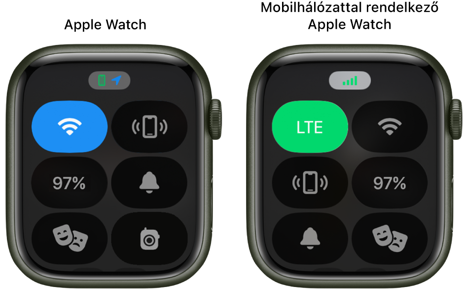 A Vezérlőközpont két Apple Watch képernyőjén. A bal oldalon egy Apple Watch GPS-en a Wi-Fi, az iPhone pingelése, az Akkumulátor, a Néma mód, a Színház mód és az Adóvevő gombok láthatók. A jobb oldalon egy Apple Watch GPS + Cellularon a Mobilhálózat, a Wi-Fi, az iPhone pingelése, az Akkumulátor, a Néma mód és a Színház mód gombok láthatók.
