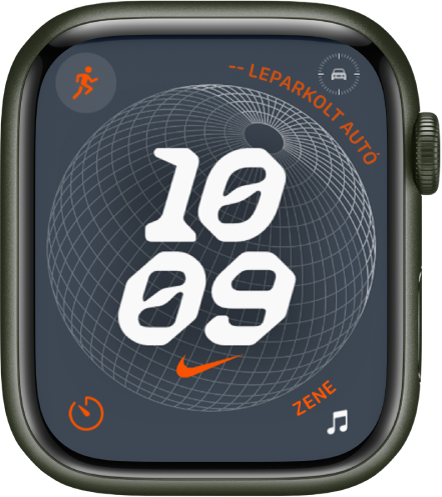 A Nike Globe óraszámlap egy digitális órával középen, és négy komplikációval: A bal felső részen az Edzés jelenik meg, a jobb felső részen a Leparkolt autó útpontja, a bal alsó részen az Időzítő, a jobb alsó részen pedig a Zene.