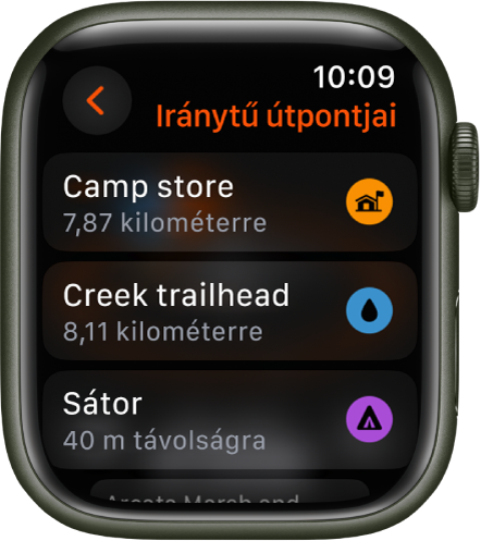 Az Iránytű app az útpontok listájával.