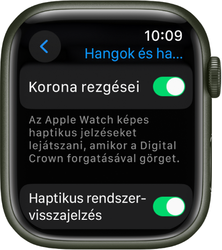 A Korona rezgései képernyő; a Korona rezgései funkció be van kapcsolva. A Haptikus rendszervisszajelzés kapcsoló alább látható.