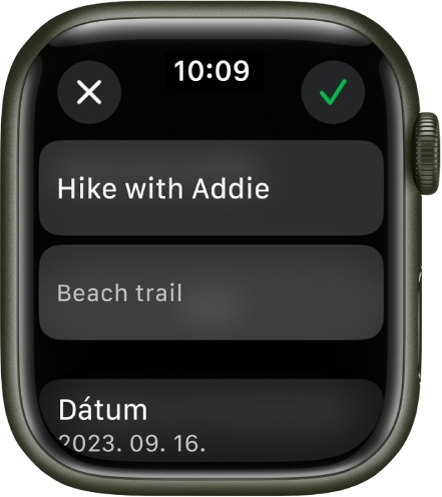Az Apple Watch Emlékeztetők appjának Szerkesztés képernyője. Az emlékeztető neve felül, míg a leírása alatta jelenik meg. Alul az emlékeztető megjelenési ütemezésének a dátuma látható. Az Ellenőrzés gomb a jobb felső részen található. A Bezárás gomb a bal felső részen található.